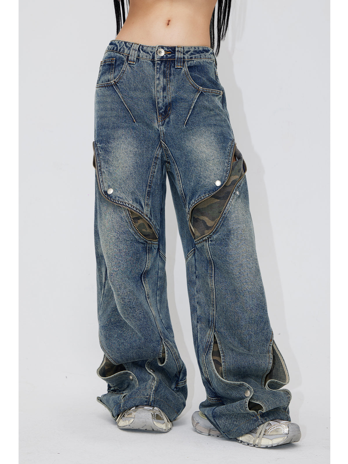 Wide leg splicing zip denim pants