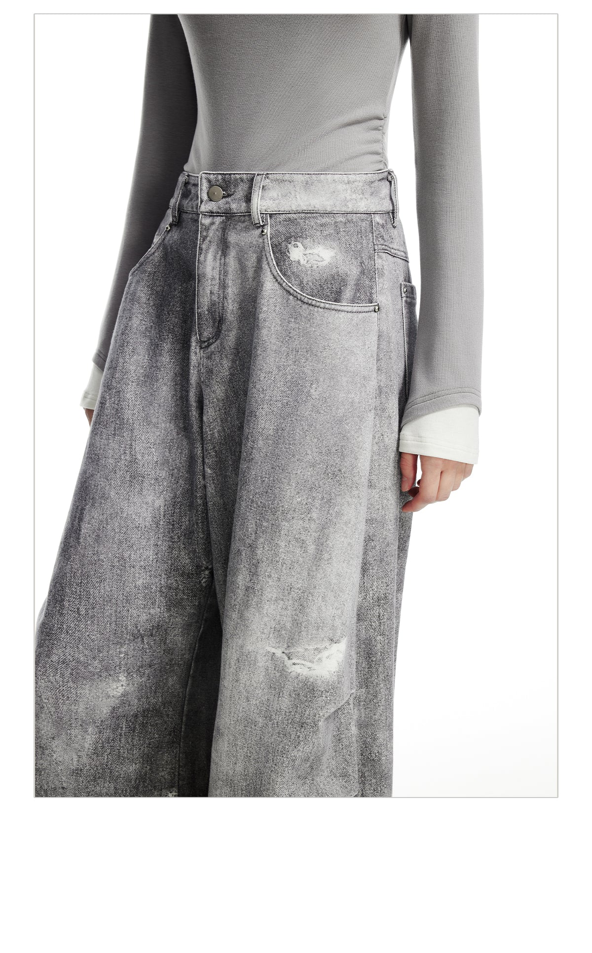 Washed Print Wide Denim Pants