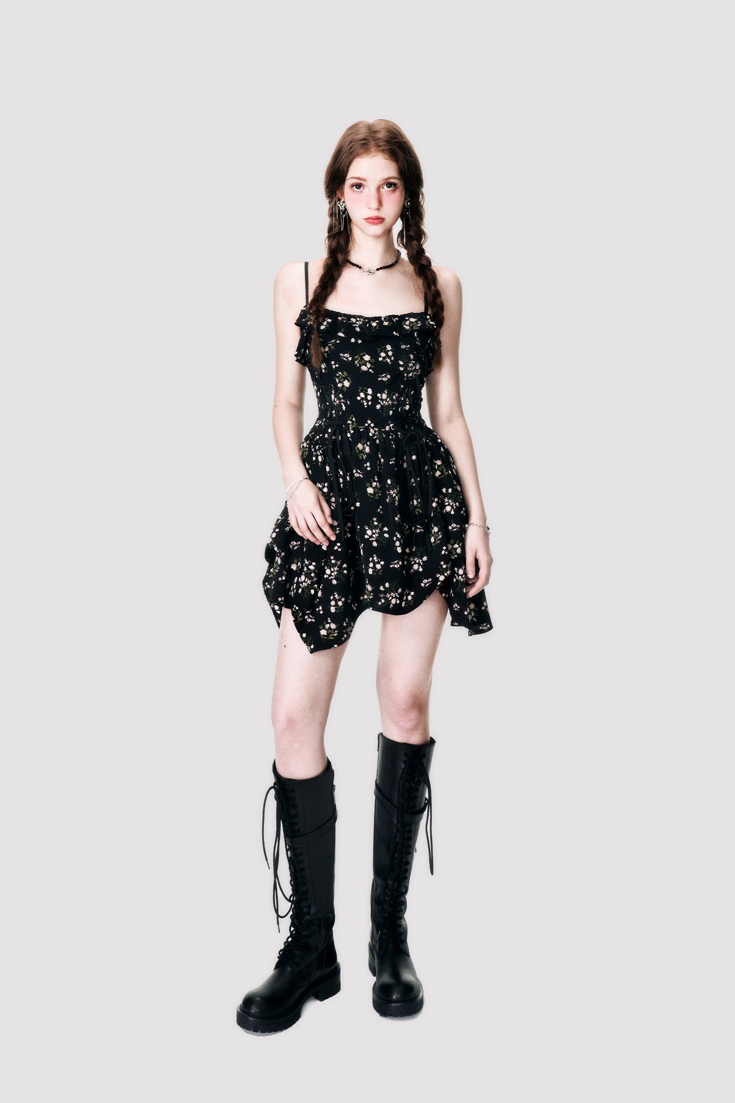 Irregular Waist Floral Short Length Dress