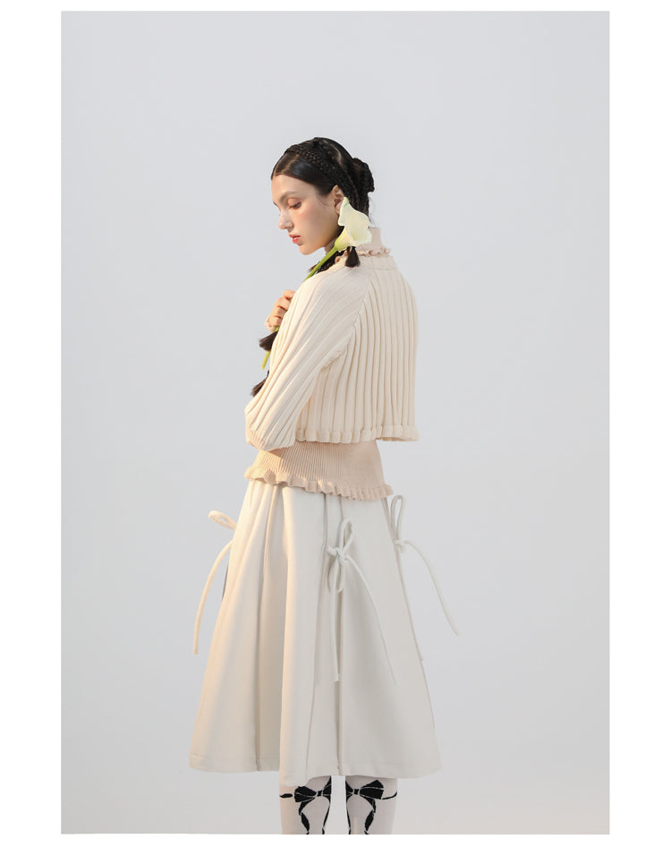 Short Length Puff Sleeve Jacket & High Waist Long Ribbon Skirt Setup