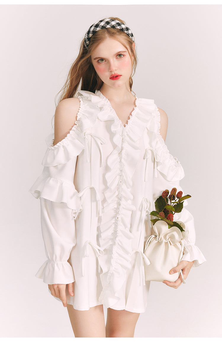 Off-the-shoulder Frilled V-neck Shirt Dress