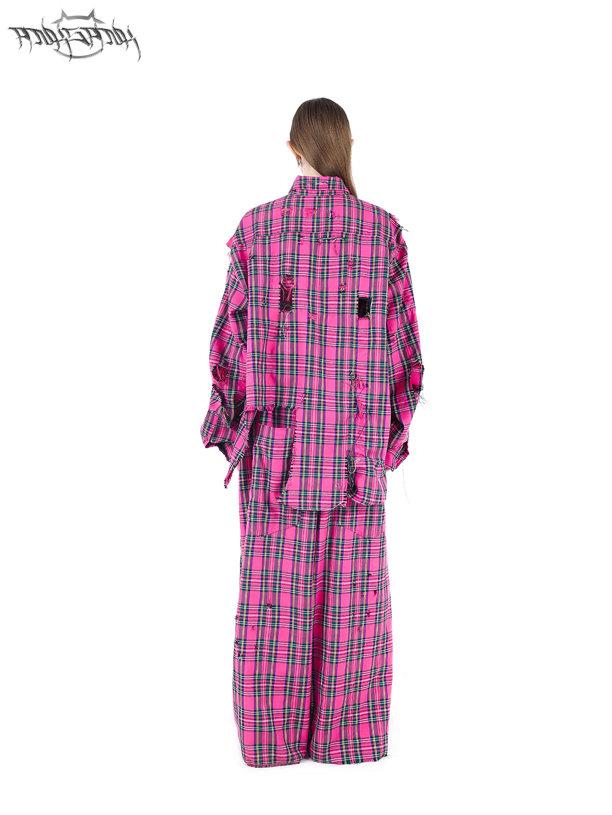 Loose fit pink plaid damaged shirt