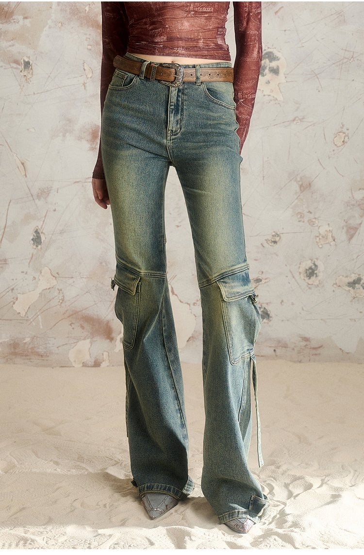 Slimming Bootcut Retro Blue Pocket Wash Pants