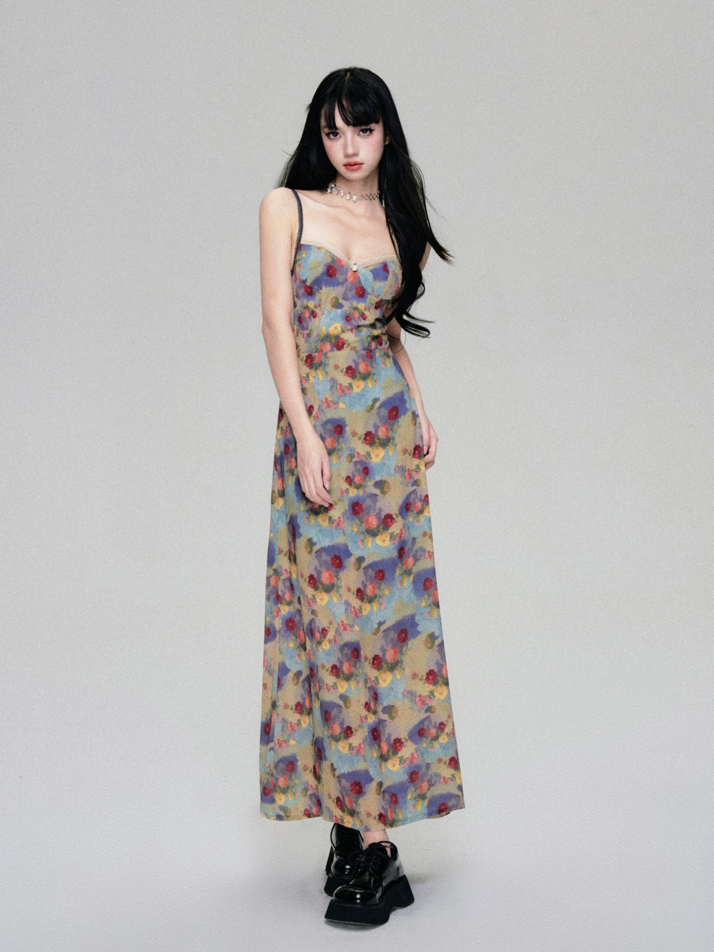 French Retro Stain Floral Suspender Dress