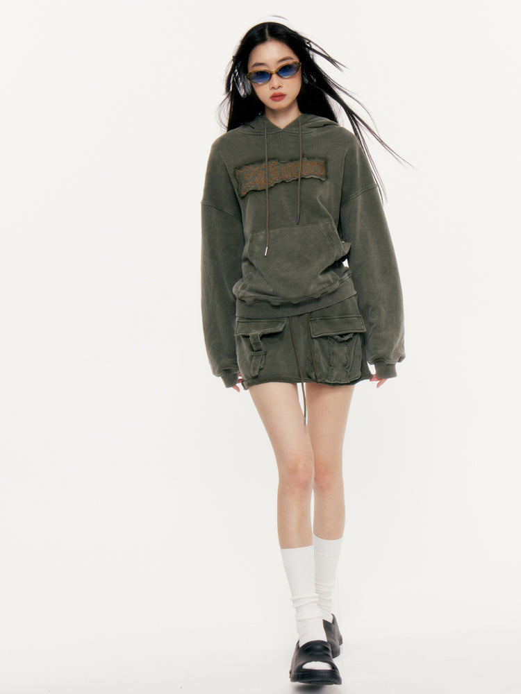 Embroidered Edge Loose Military Green Sweatshirt Setup