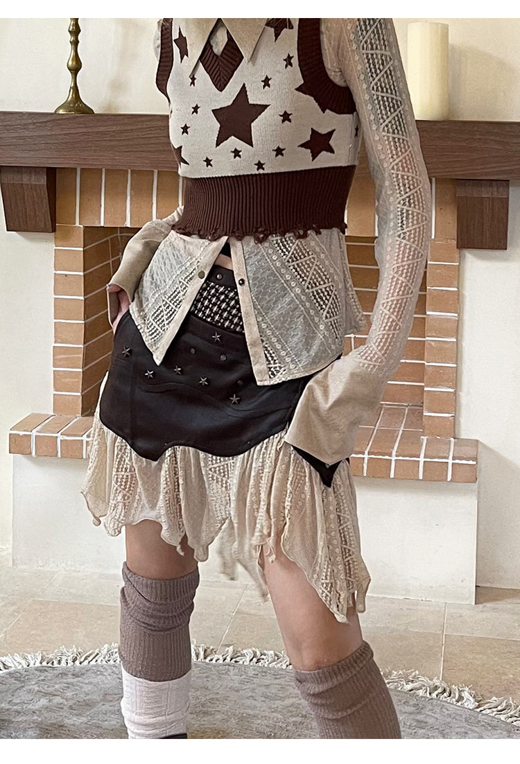 Lace Leather Layered Stitch Short Length Skirt