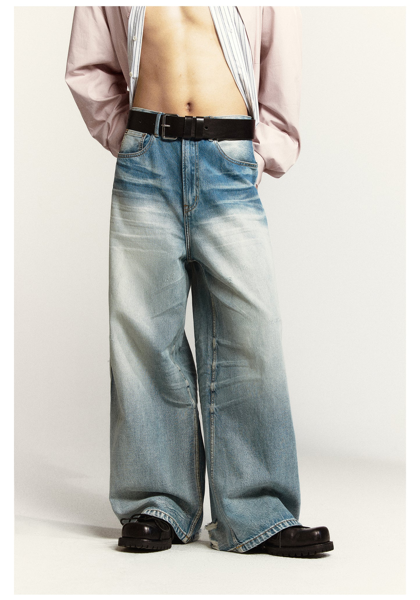 Wide-leg flared washed retro denim pants