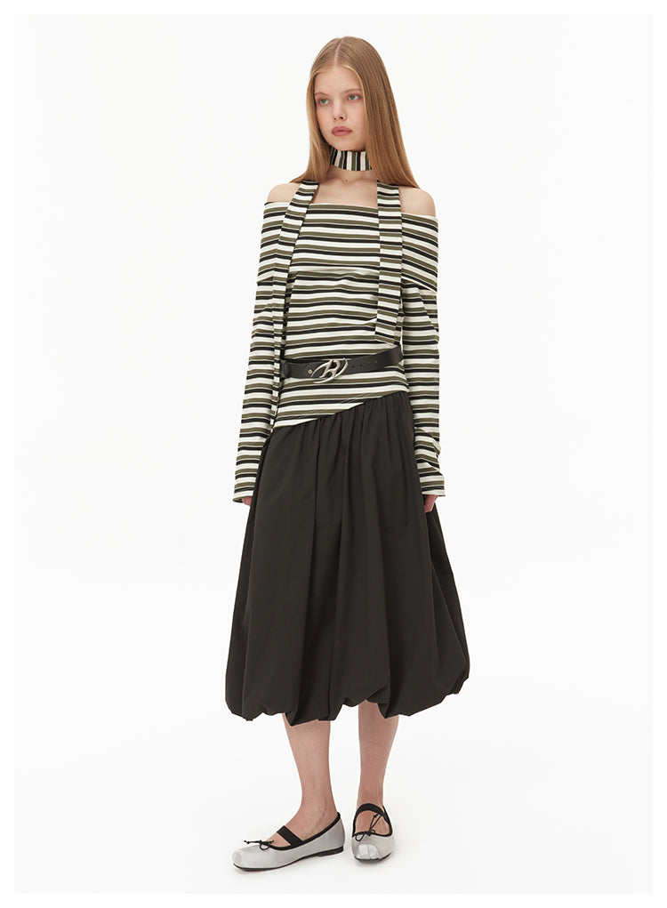 Off-shoulder neck strap striped knit