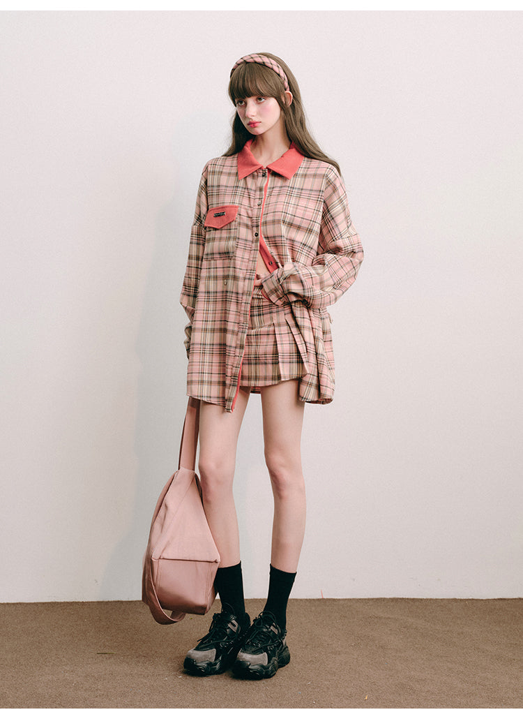 Loose Fit Plaid Shirt Jacket &amp; Pleated Skirt Set-Up