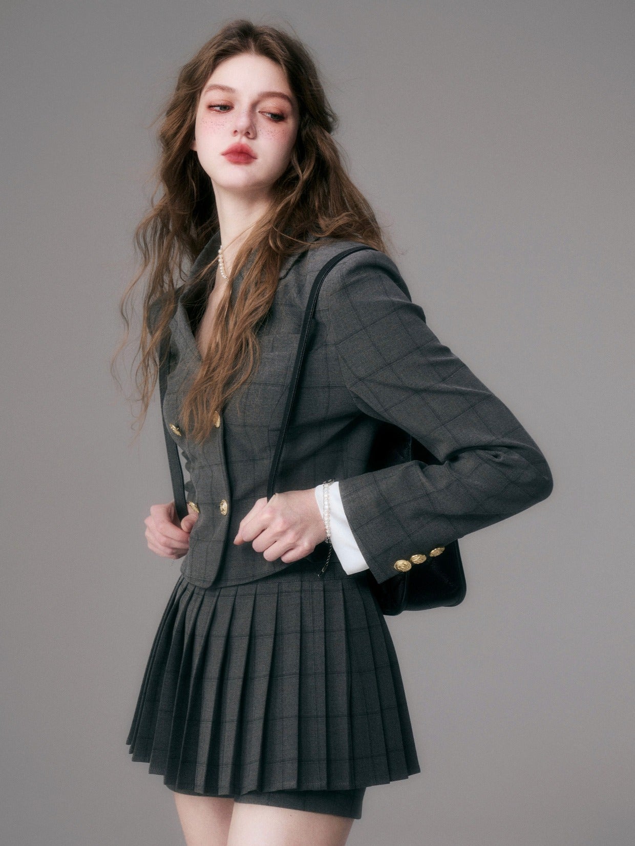 College Style Pleated Short Length Jacket & Skirt