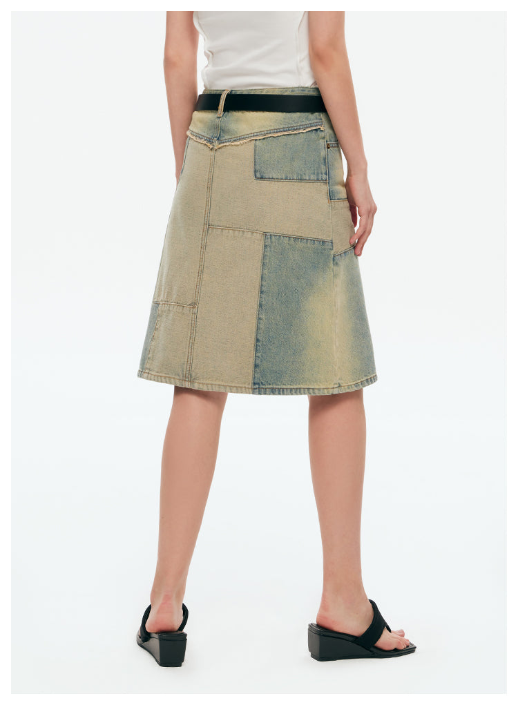 Reconstructed Retro Washed Slim A-Line Skirt