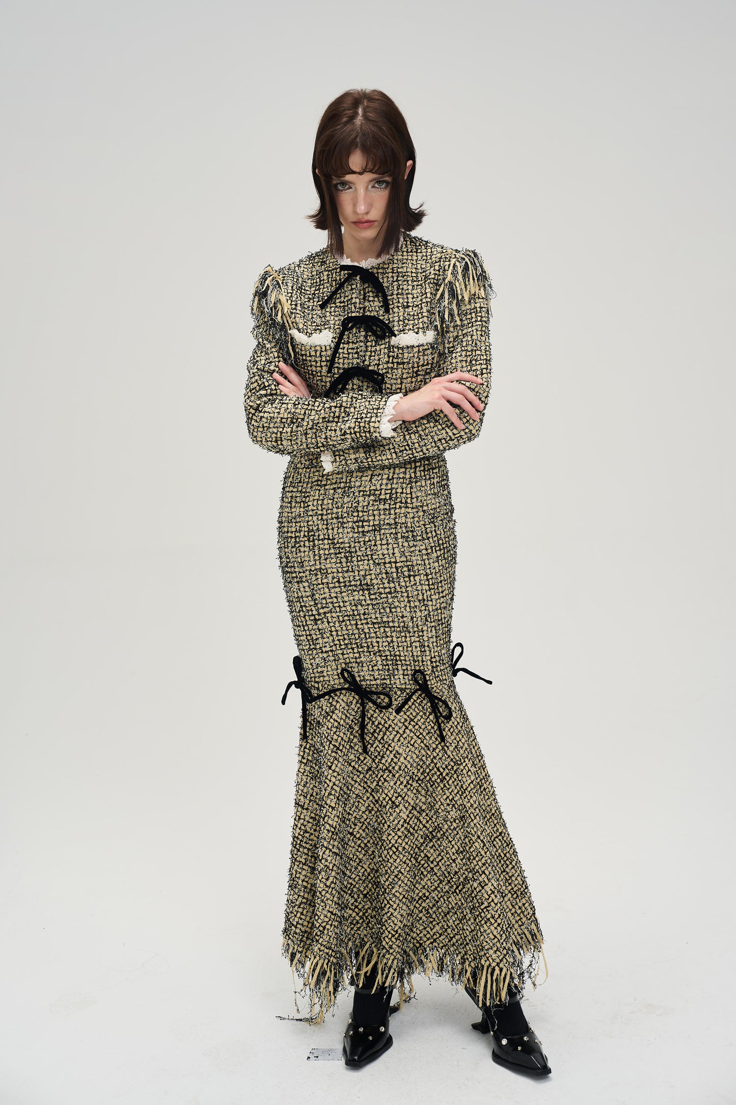 Ribbon Design Short Length Tweed Jacket & Short Length Tweed Ribbon Skirt