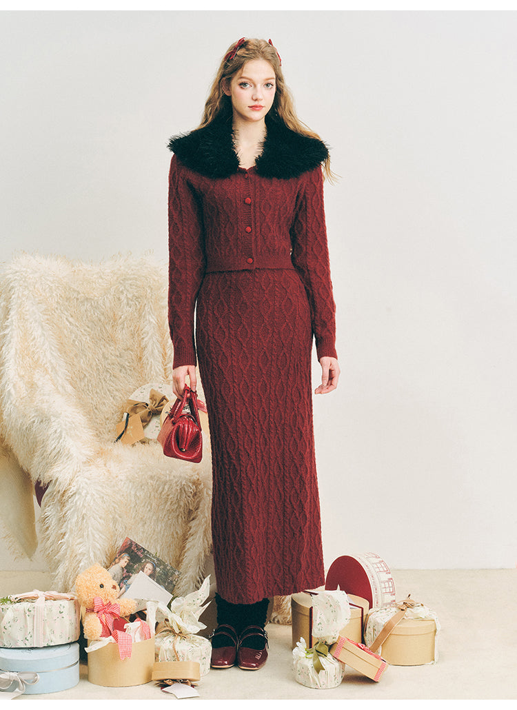 2-piece wool knit skirt suit set