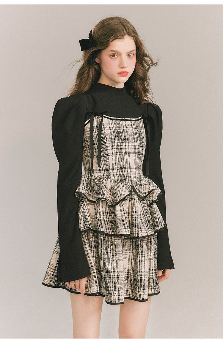 Checkered Shoulder Bow Fake Two-piece Dress