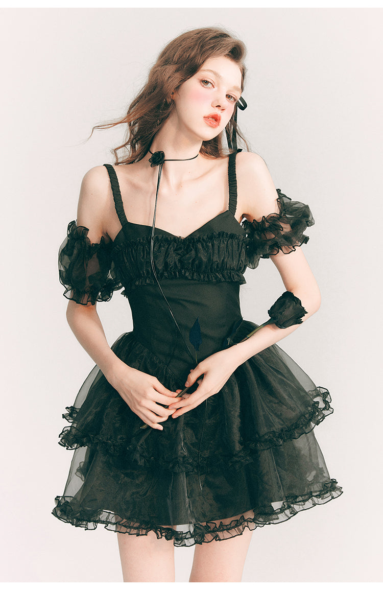 Frill Suspender Puff Skirt Short Dress