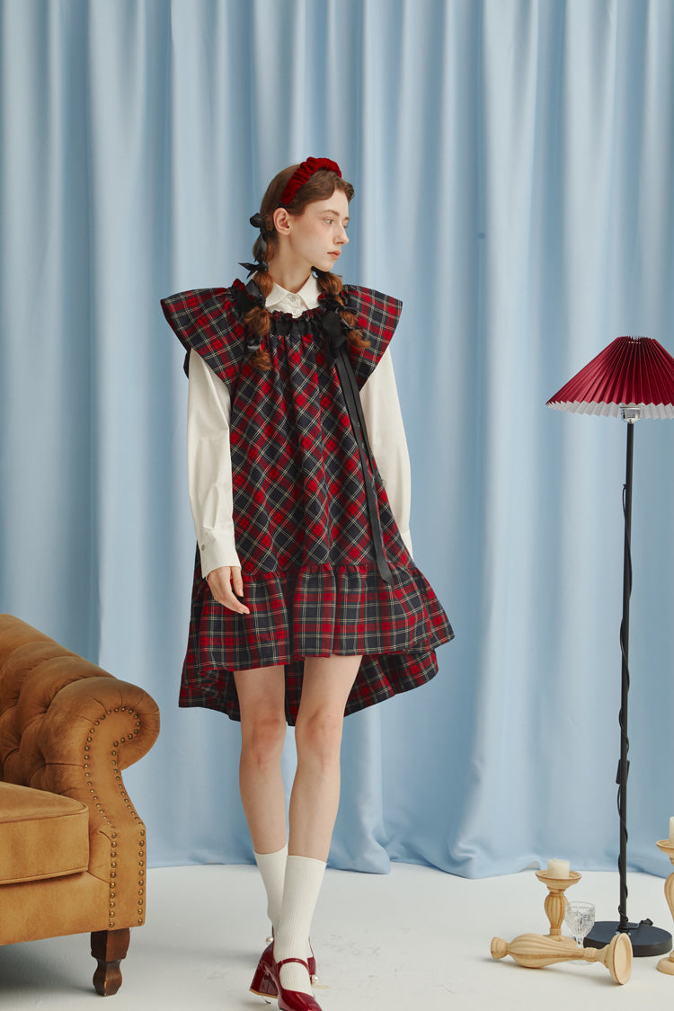 Plaid Neck Ribbon A-line Dress