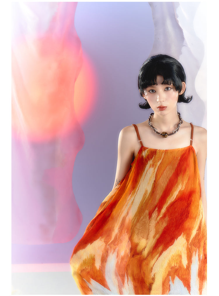 Tie-dye pattern square neck suspender dress