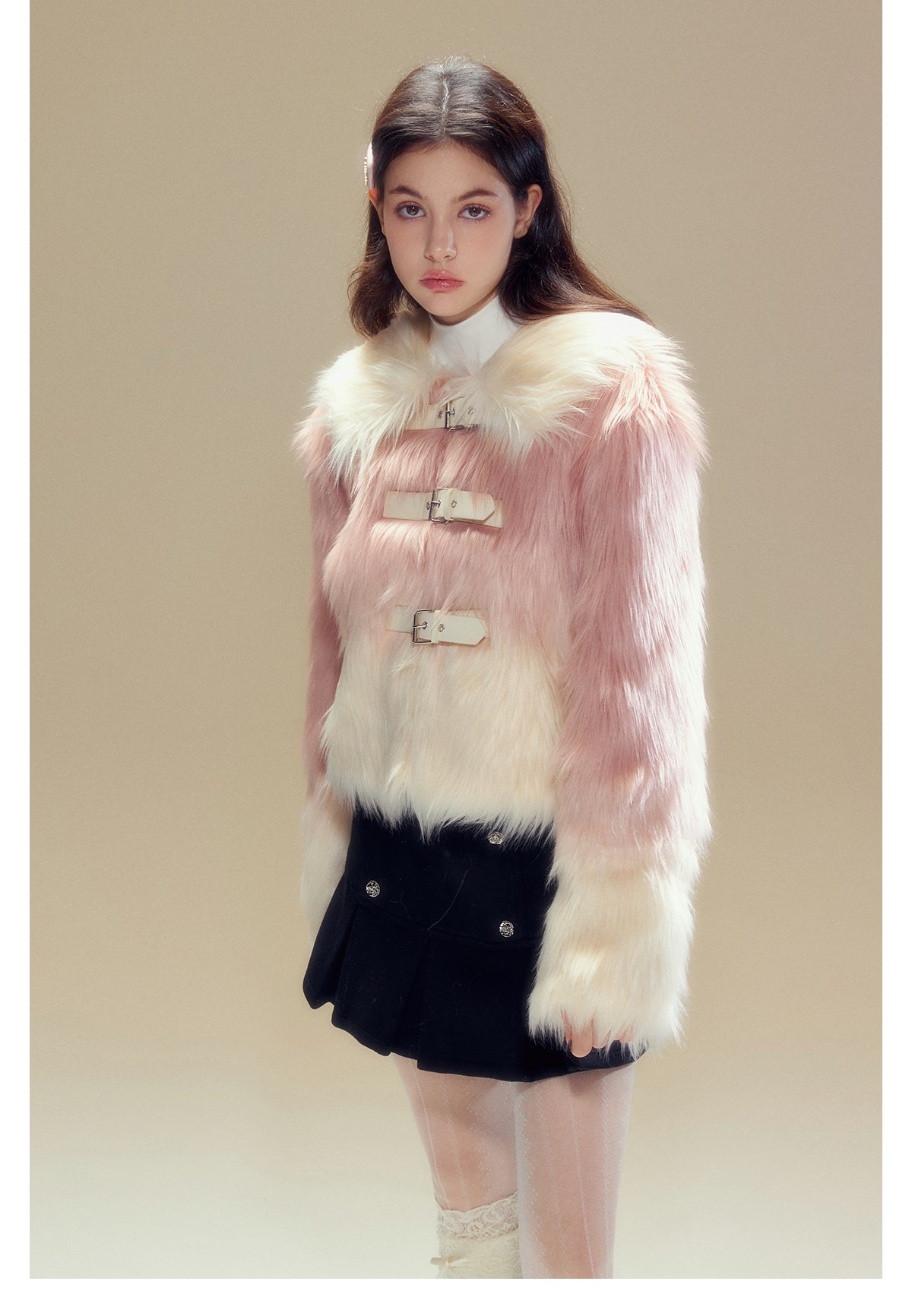 Short Length Gradient Leather Buckle Fur Jacket