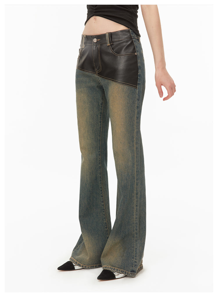 Slim fit washed retro leather flare pants