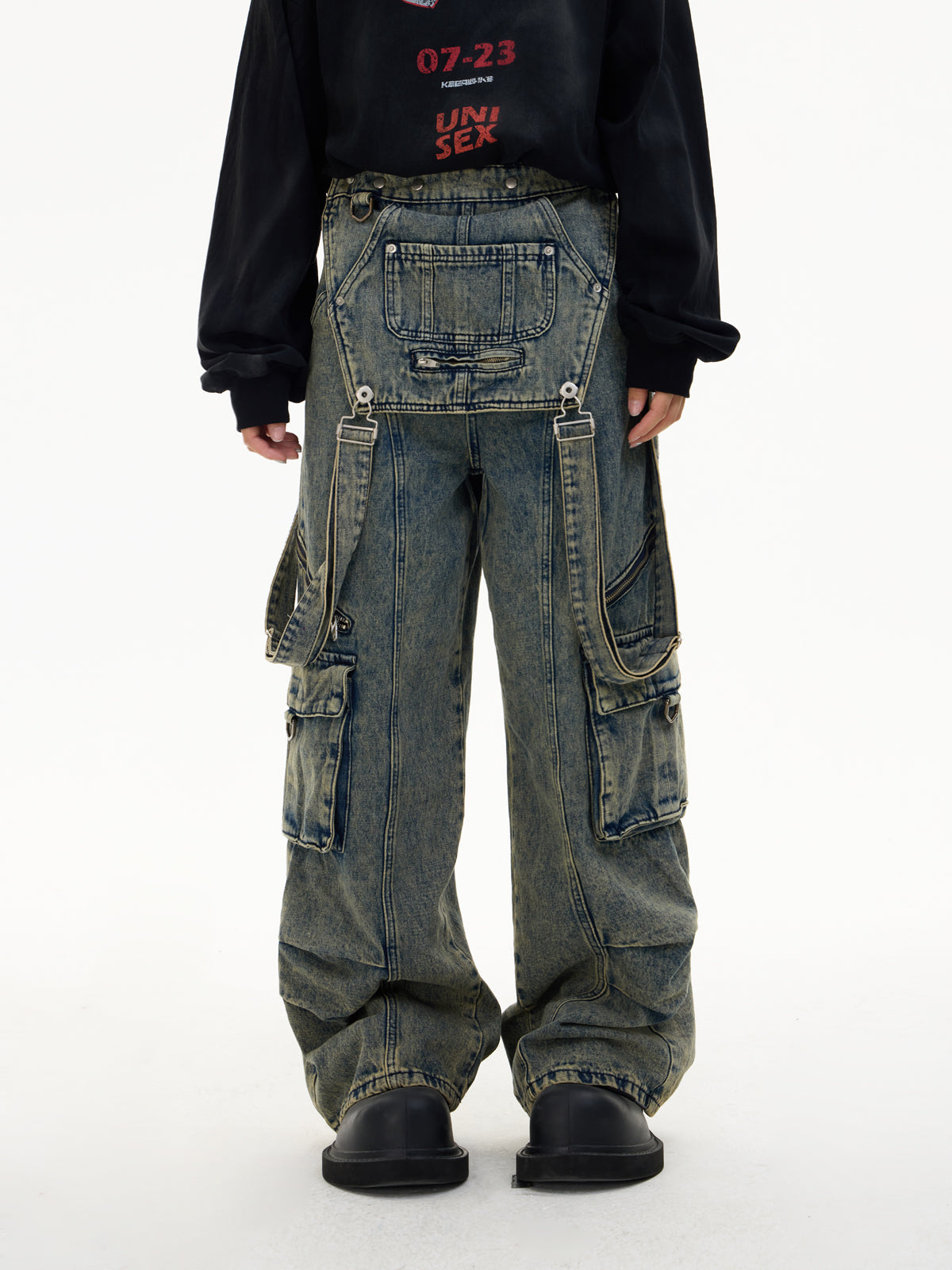 Multi-pocket Washed Denim Overalls