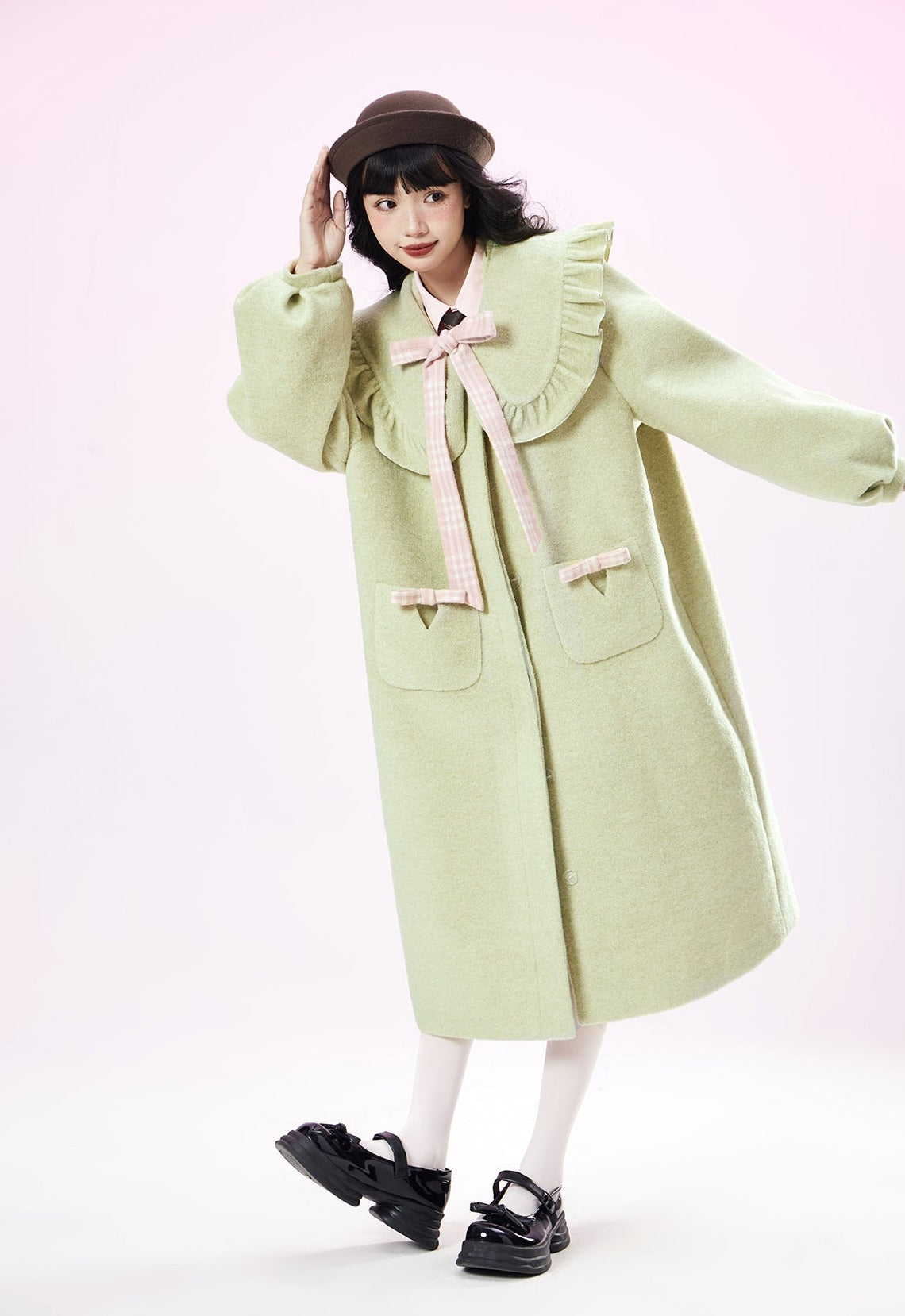 Original Design Green Collar Wool Coat Womens