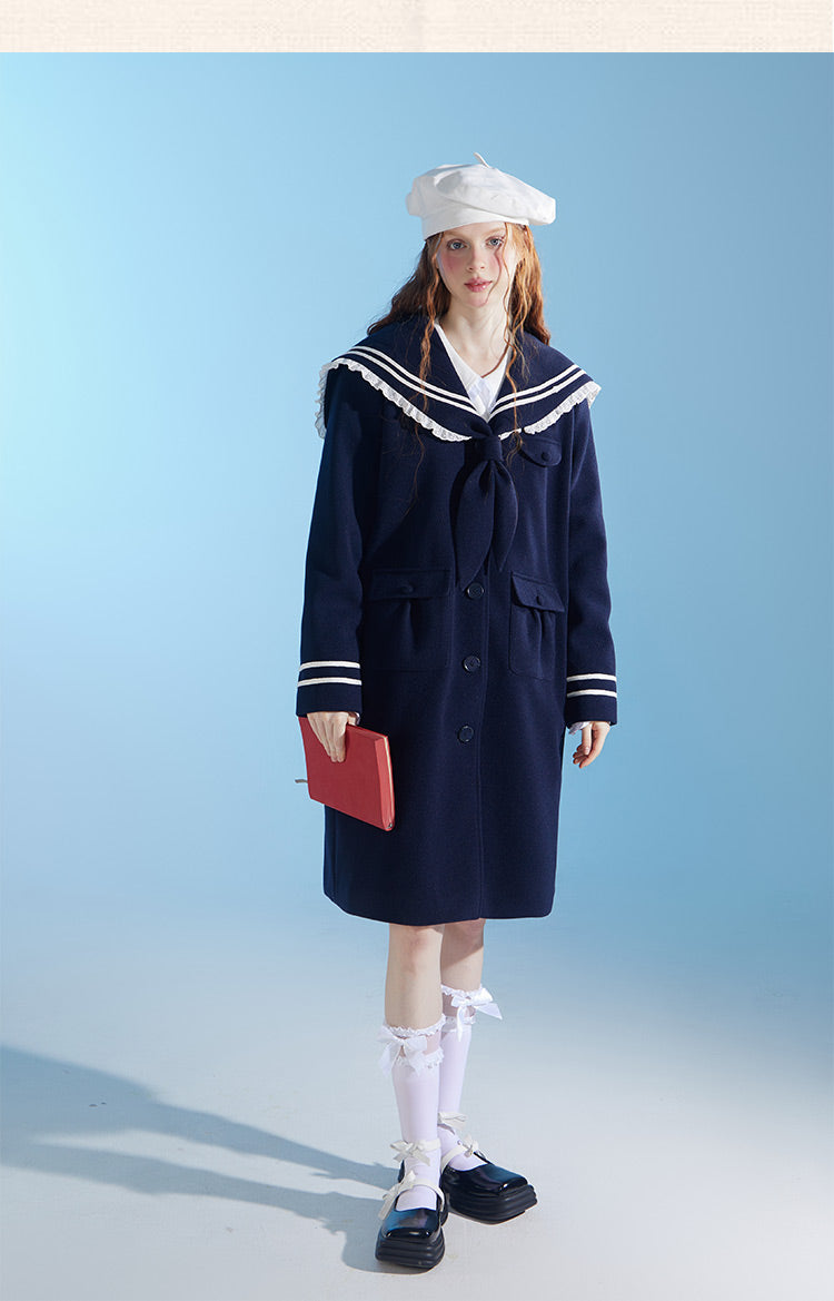 Original design college style navy mid-length wool coat