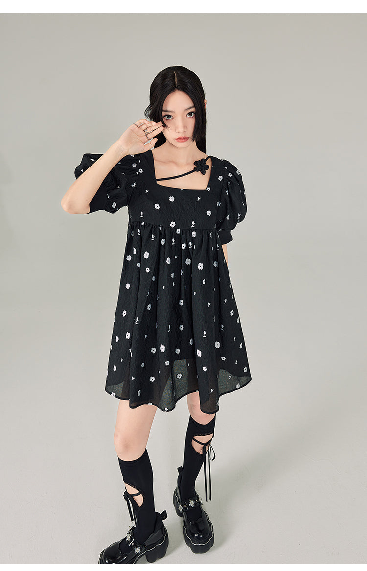 Square Neck Puff Sleeve Floral Pattern One-piece