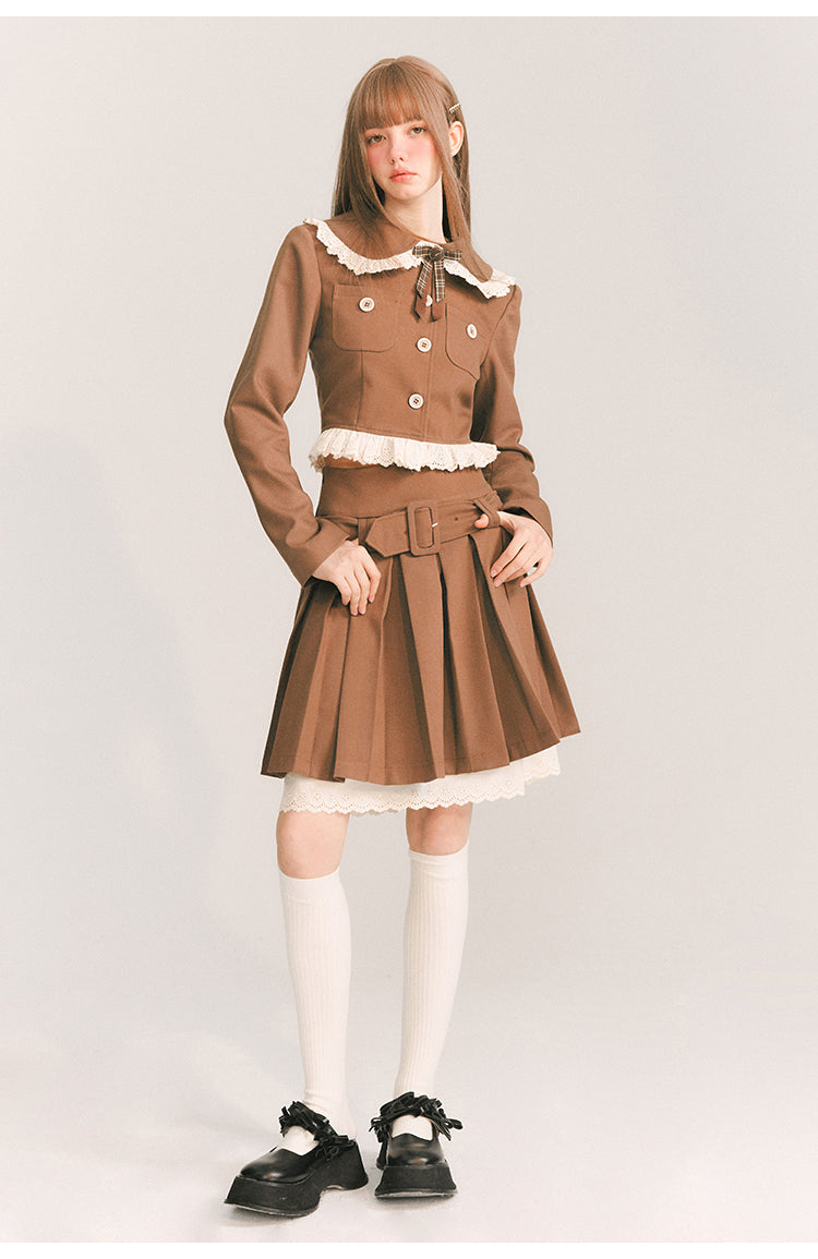 Short Length Frill Neck Jacket & Pleated Skirt Set-Up