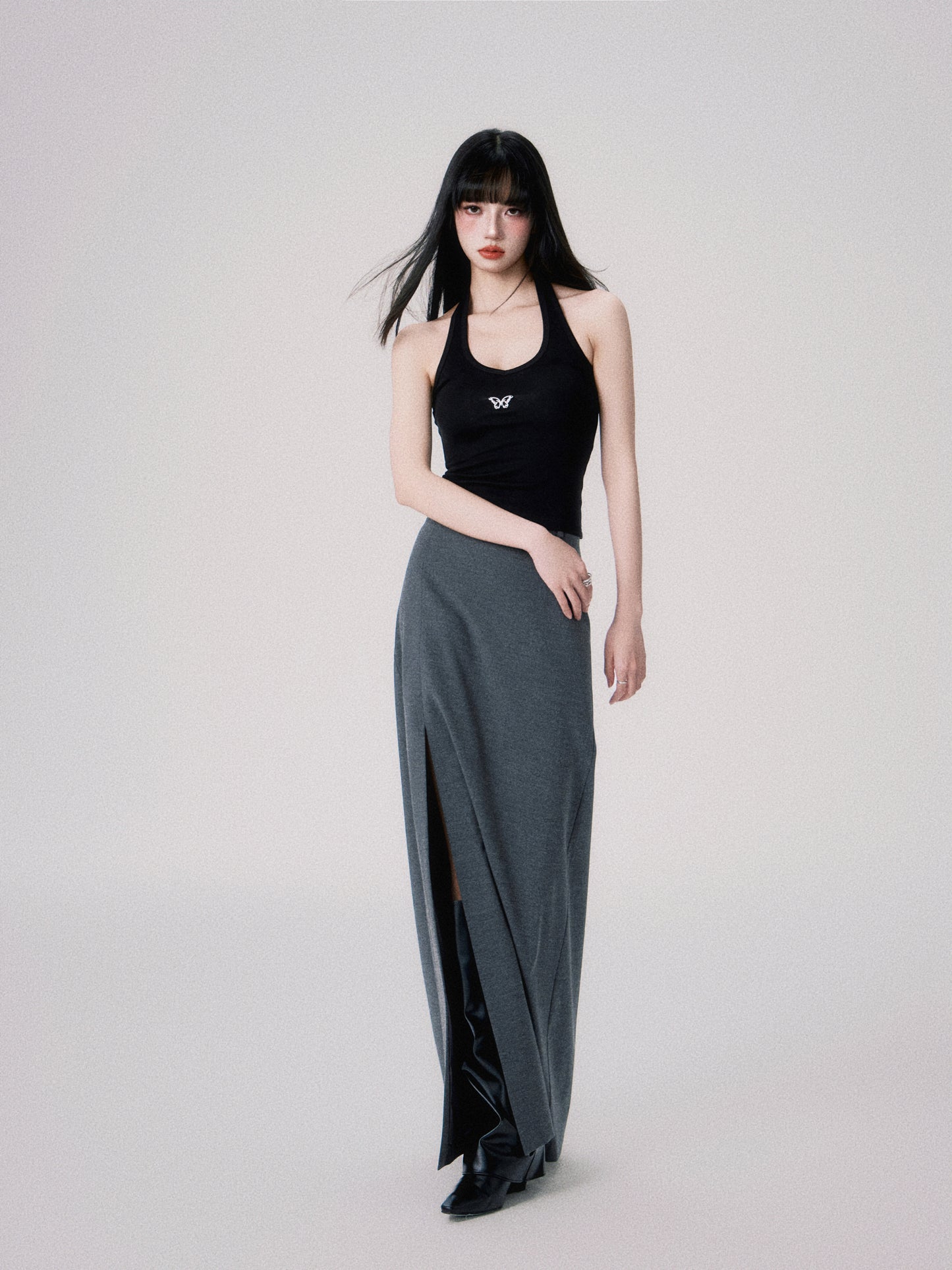 Slim straight mid-waist slit long skirt