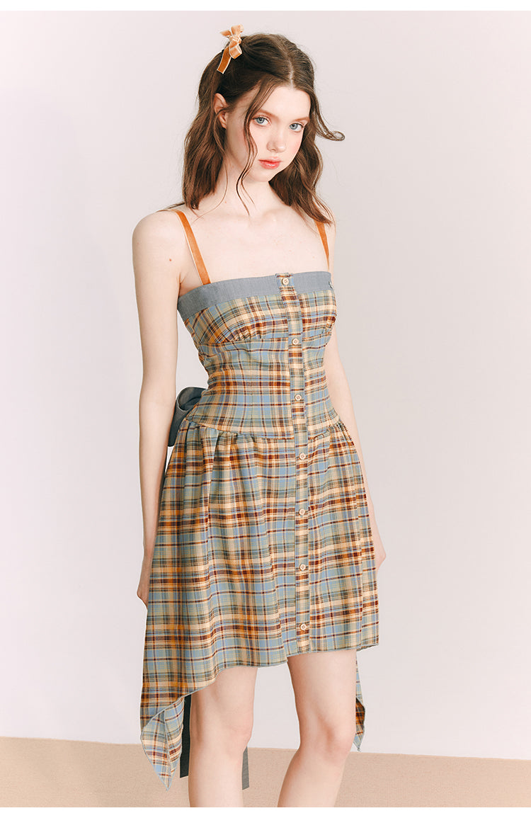 Back Ribbon Plaid Short Suspender One-piece