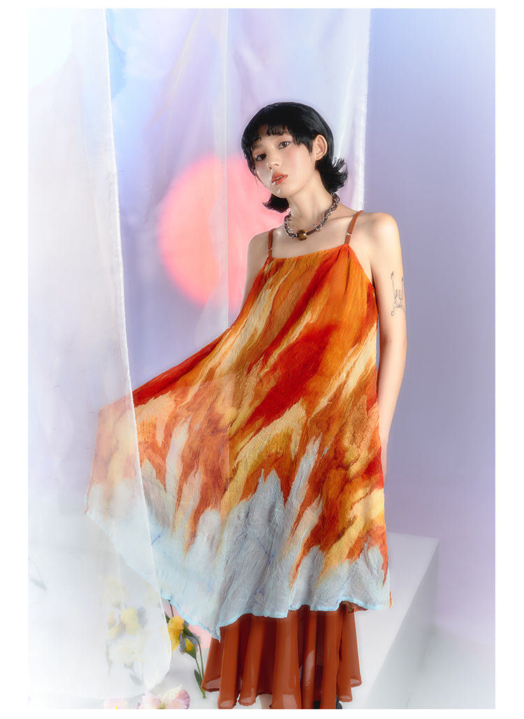 Tie-dye pattern square neck suspender dress