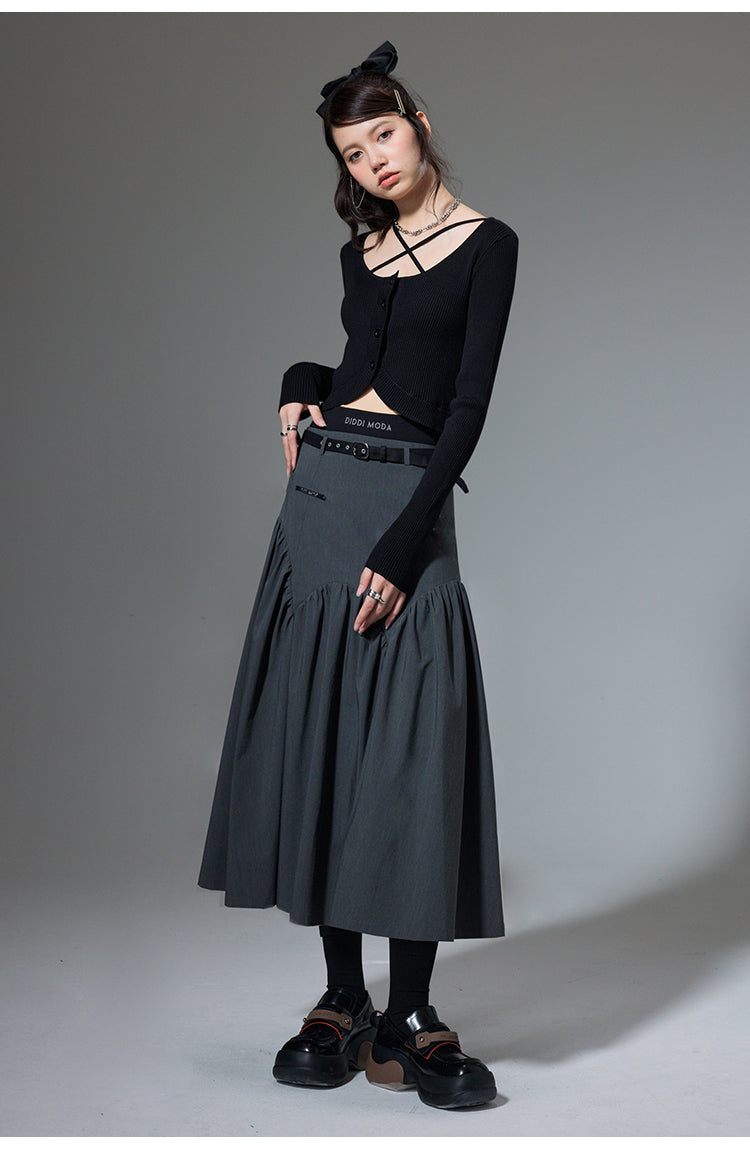 High Waist Stitch Pleated A-Line Long Skirt