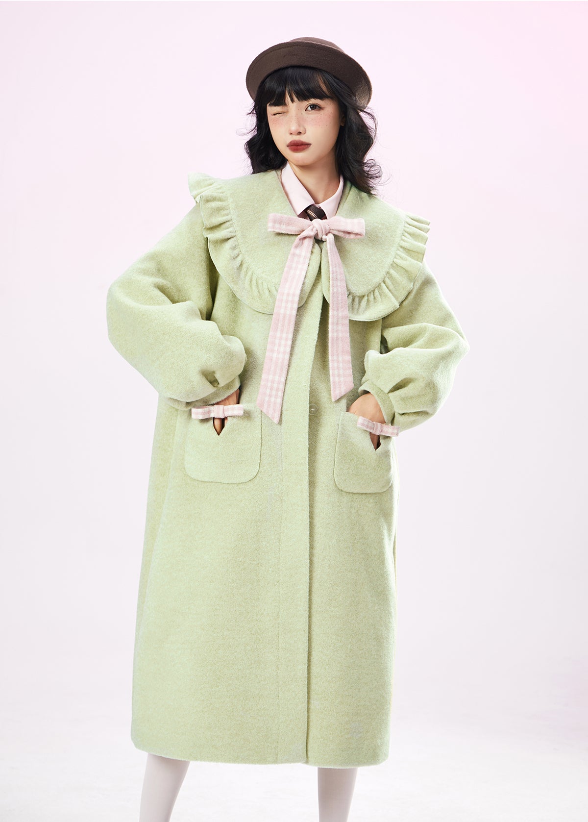 Original Design Green Collar Wool Coat Womens