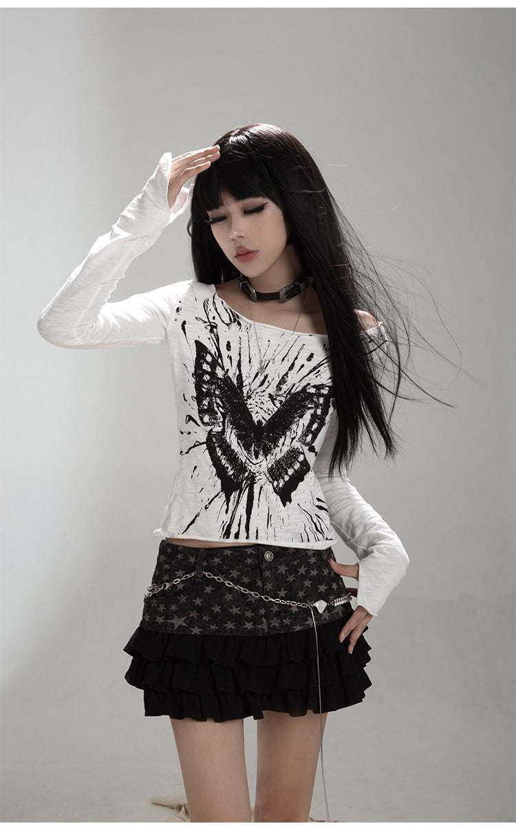 Short length butterfly long sleeve T-shirt