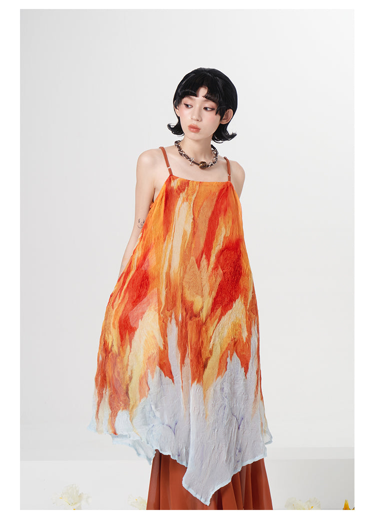 Tie-dye pattern square neck suspender dress