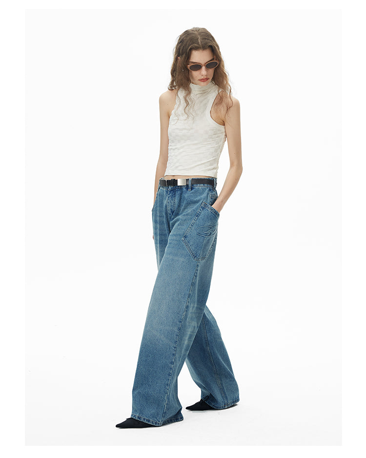 Wide leg irregular pocket washed denim pants