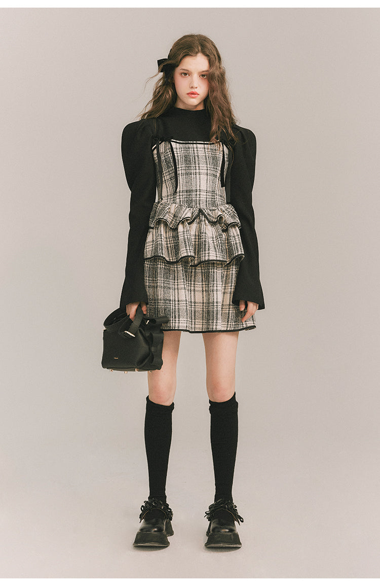 Checkered Shoulder Bow Fake Two-piece Dress