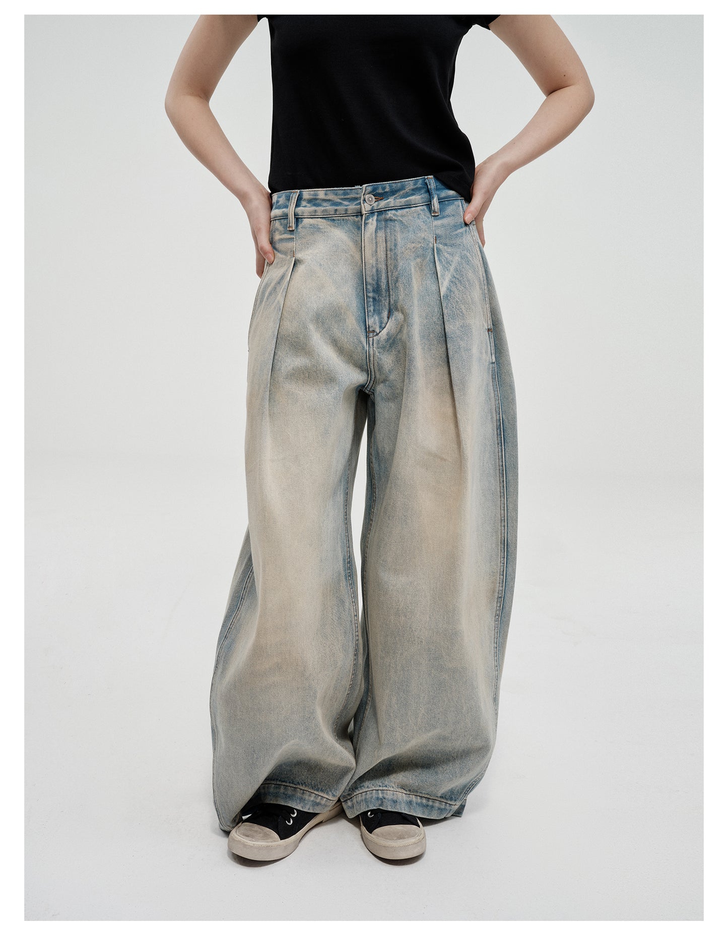 Retro-washed loose silhouette casual denim pants