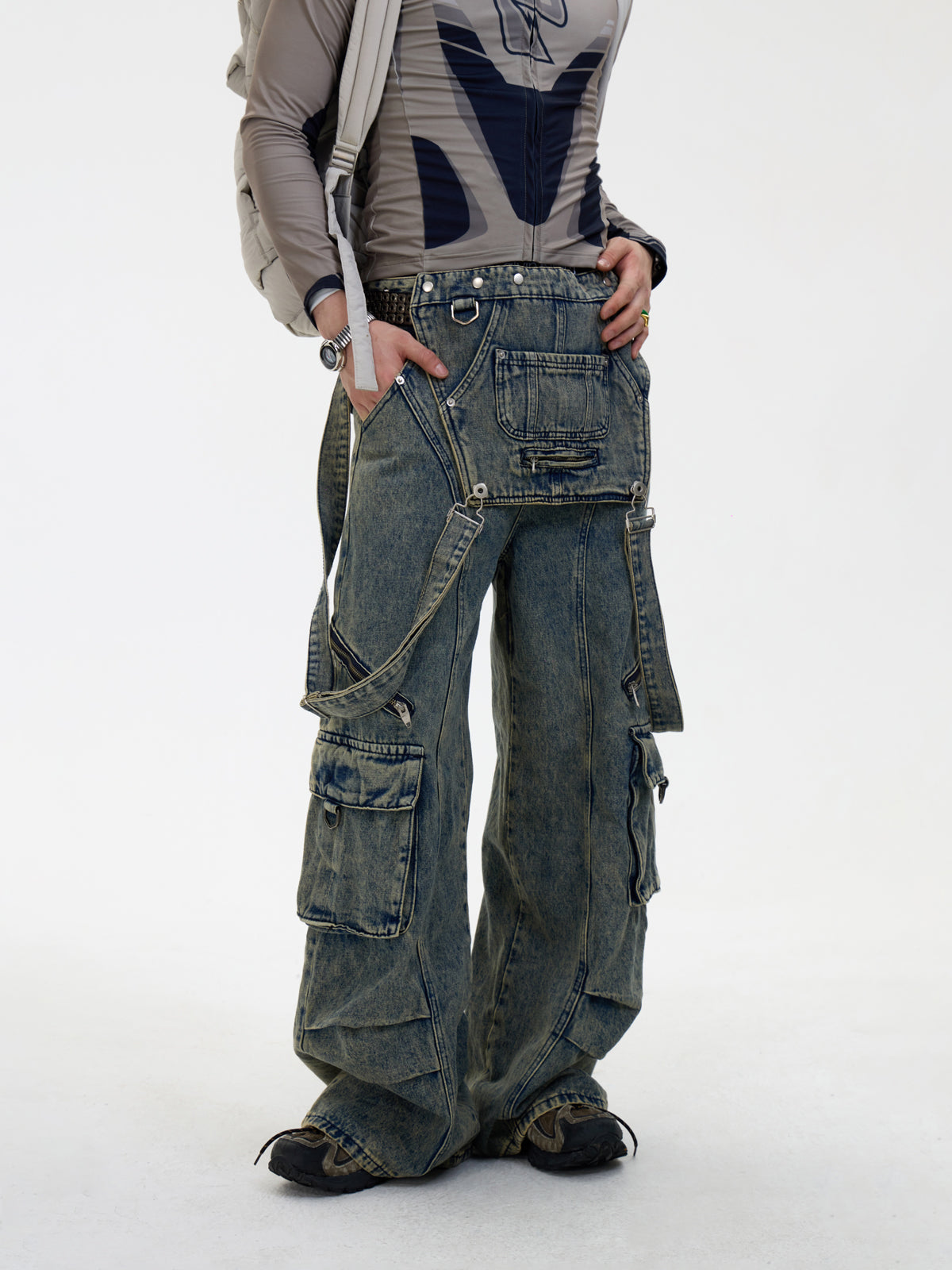 Multi-pocket Washed Denim Overalls