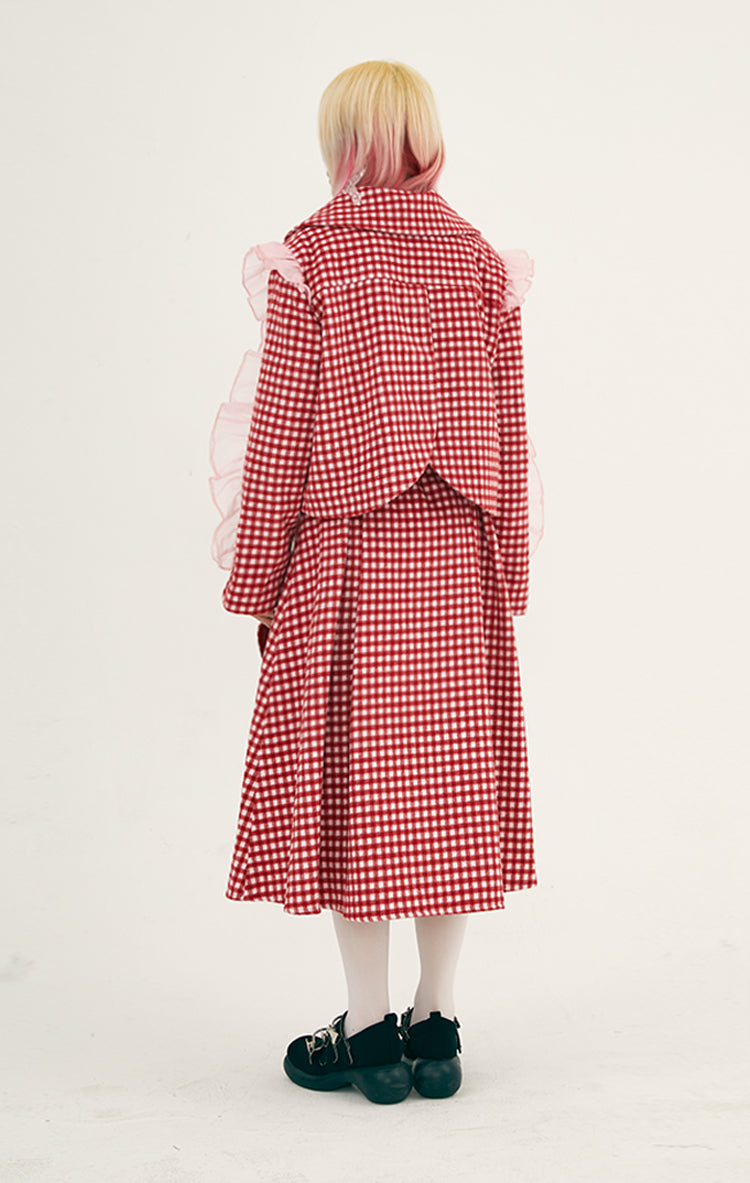 Girly Red Check Ruffle Jacket