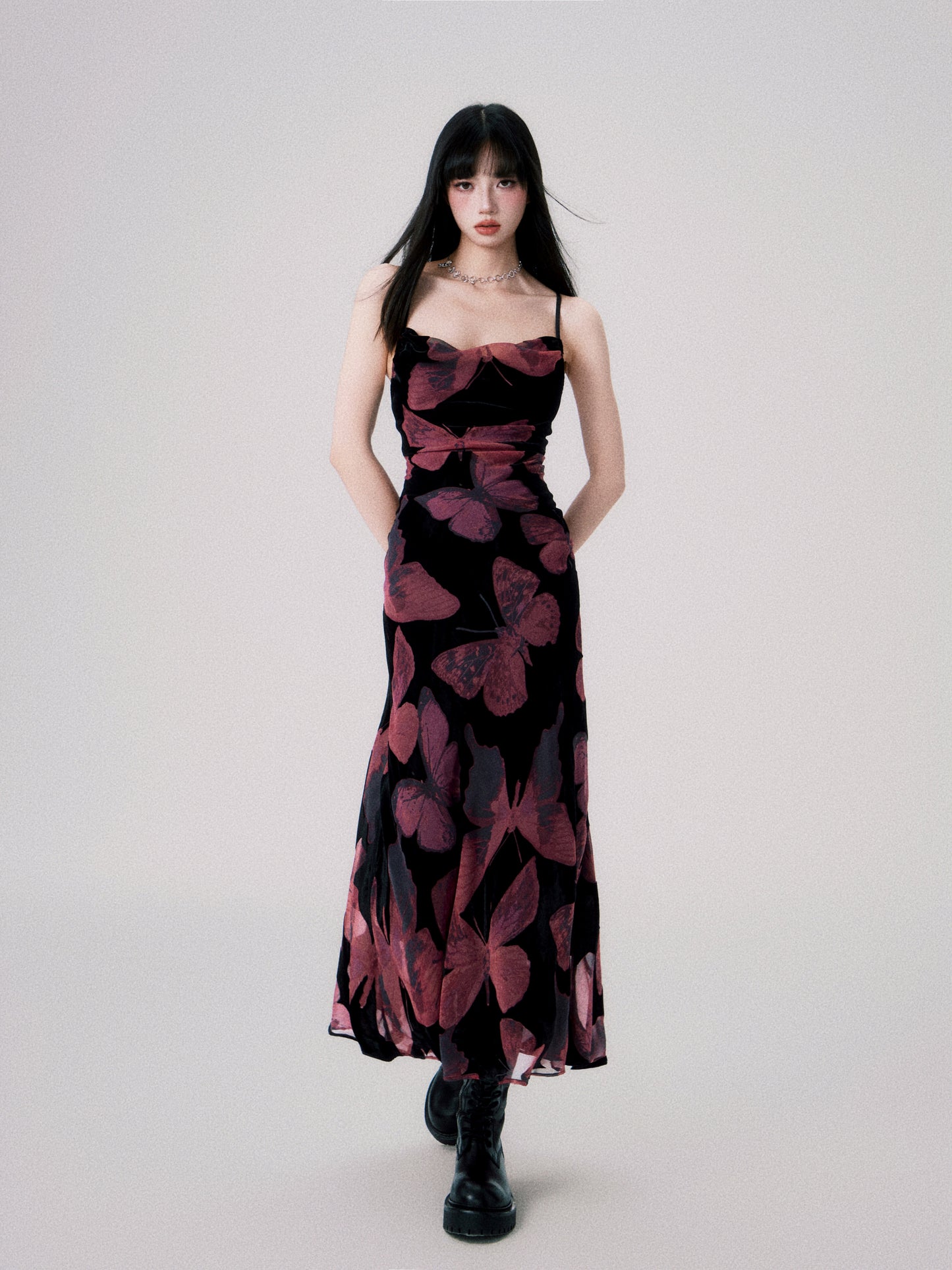 Square Neck Velvet Butterfly Suspender Dress