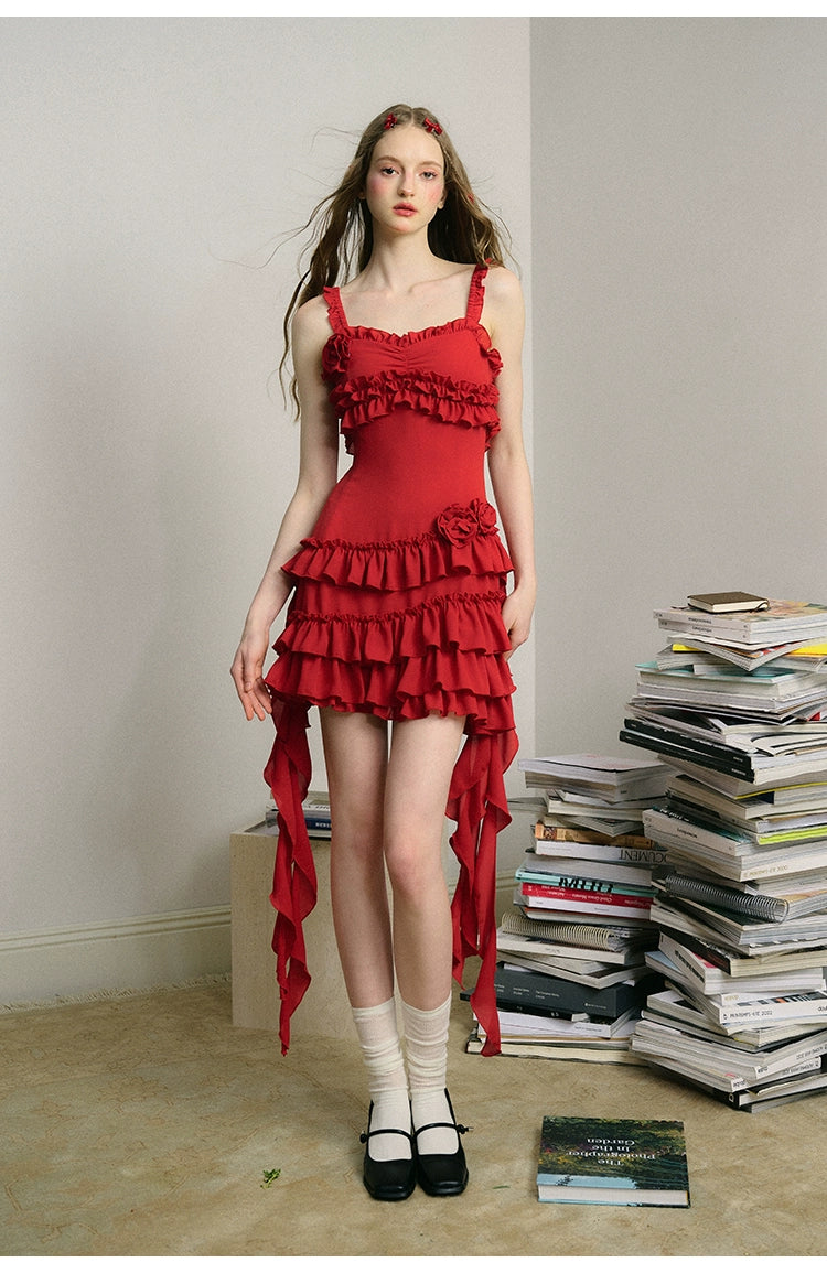 Relaxed French Red Suspender Dress