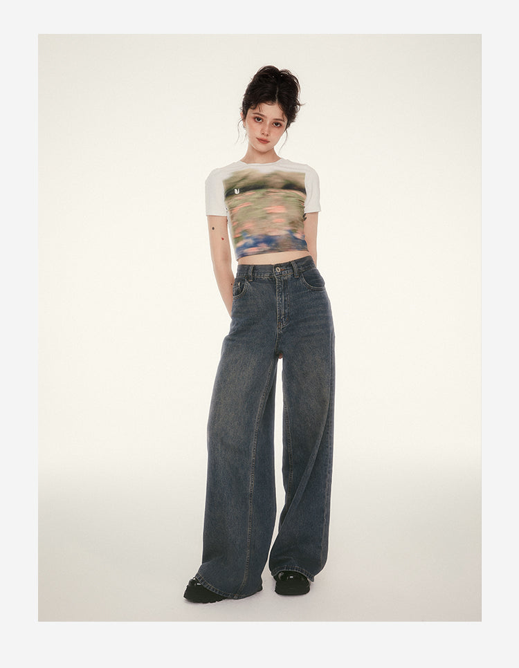 Retro wash wide leg pants casual loose jeans