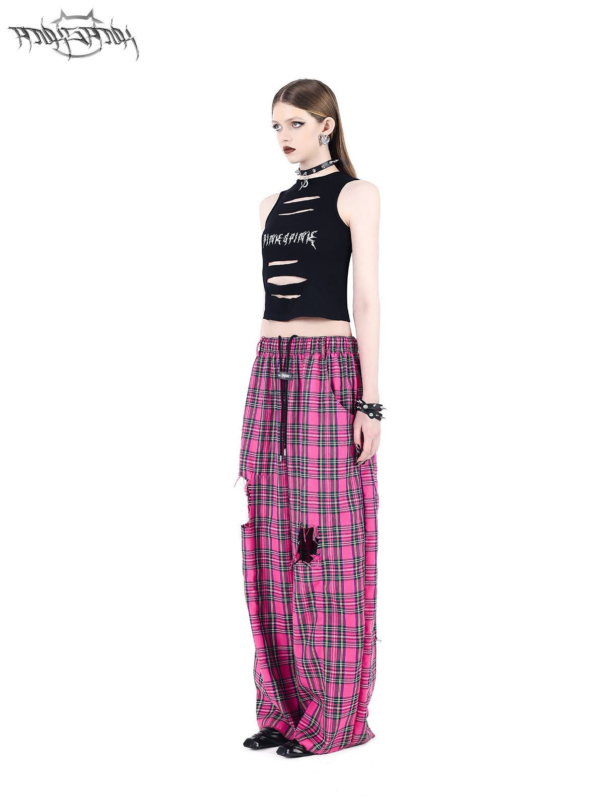 Loose Straight Damaged Plaid Casual Pants