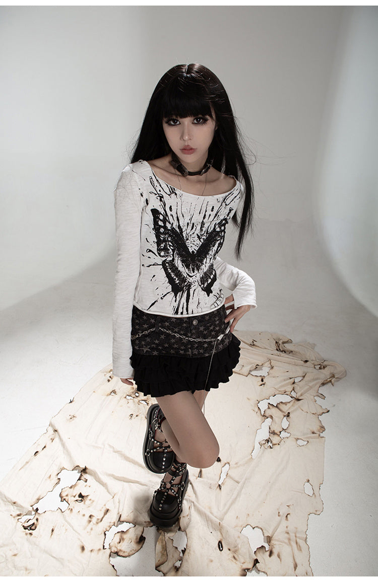 Short length butterfly long sleeve T-shirt