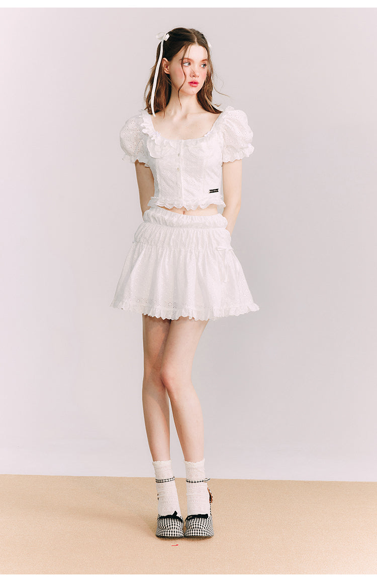 Puff Sleeve Short Length Square Neck Blouse &A -Line Short Skirt