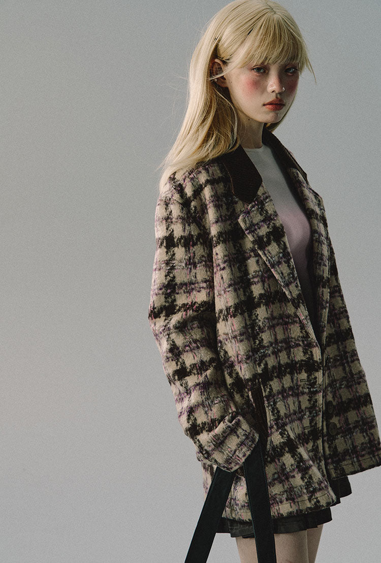 Price collar checkered mid-length coat jacket