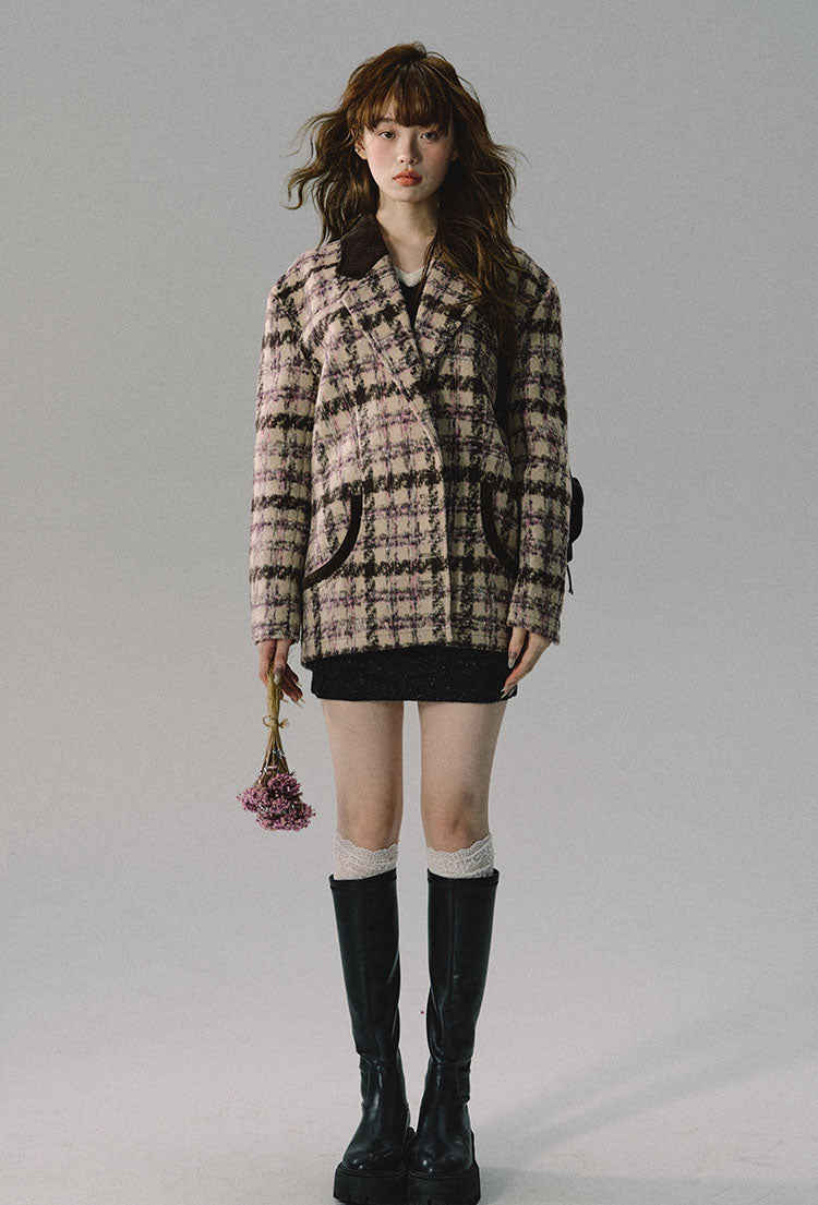 Price collar checkered mid-length coat jacket