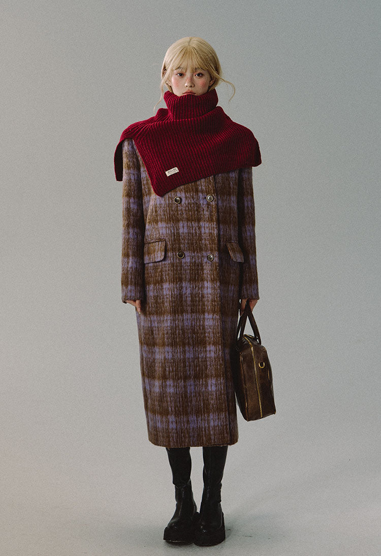 Long wool coat with parong hair check pattern and two buttons