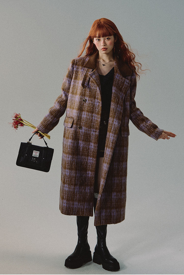 Long wool coat with parong hair check pattern and two buttons